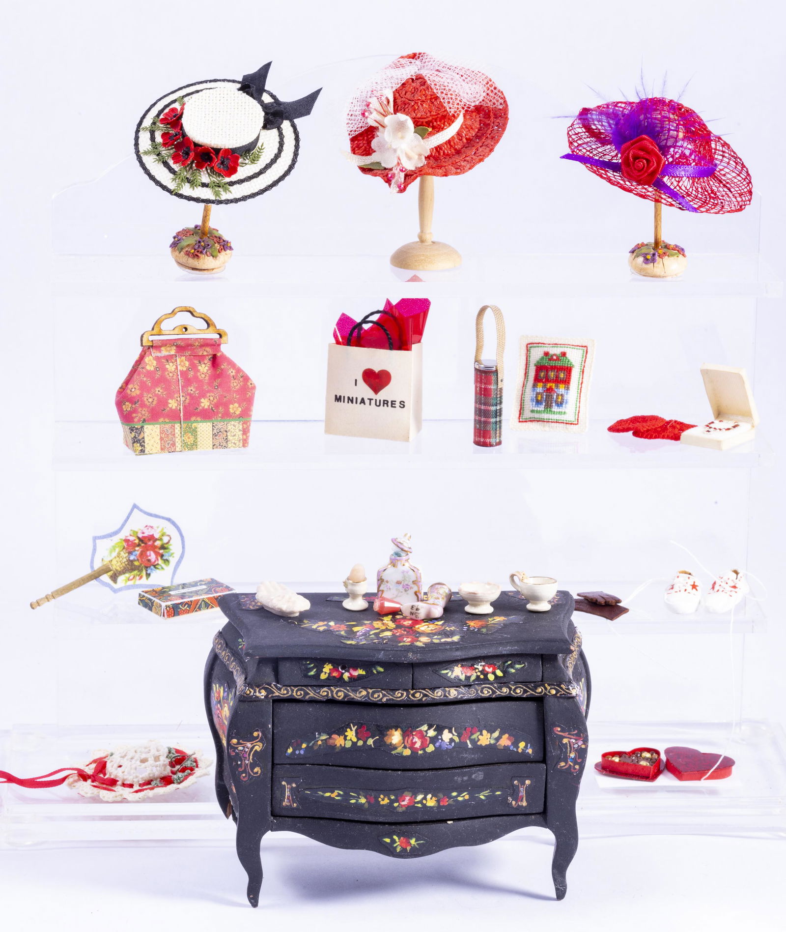 Black & Red Ladies Hats & Painted Chest & Porcelain Accessories (1 of 10)