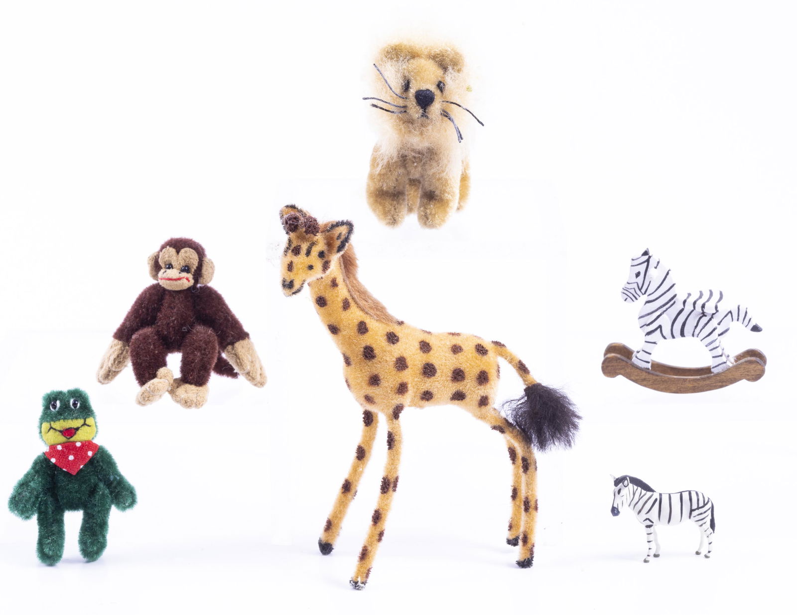 Jungle Animals for Children: Monkey stuffed, tall giraffe, fluffy lion, frog and zebra in the jungle animals theme. The other zebra is a rocker toy.