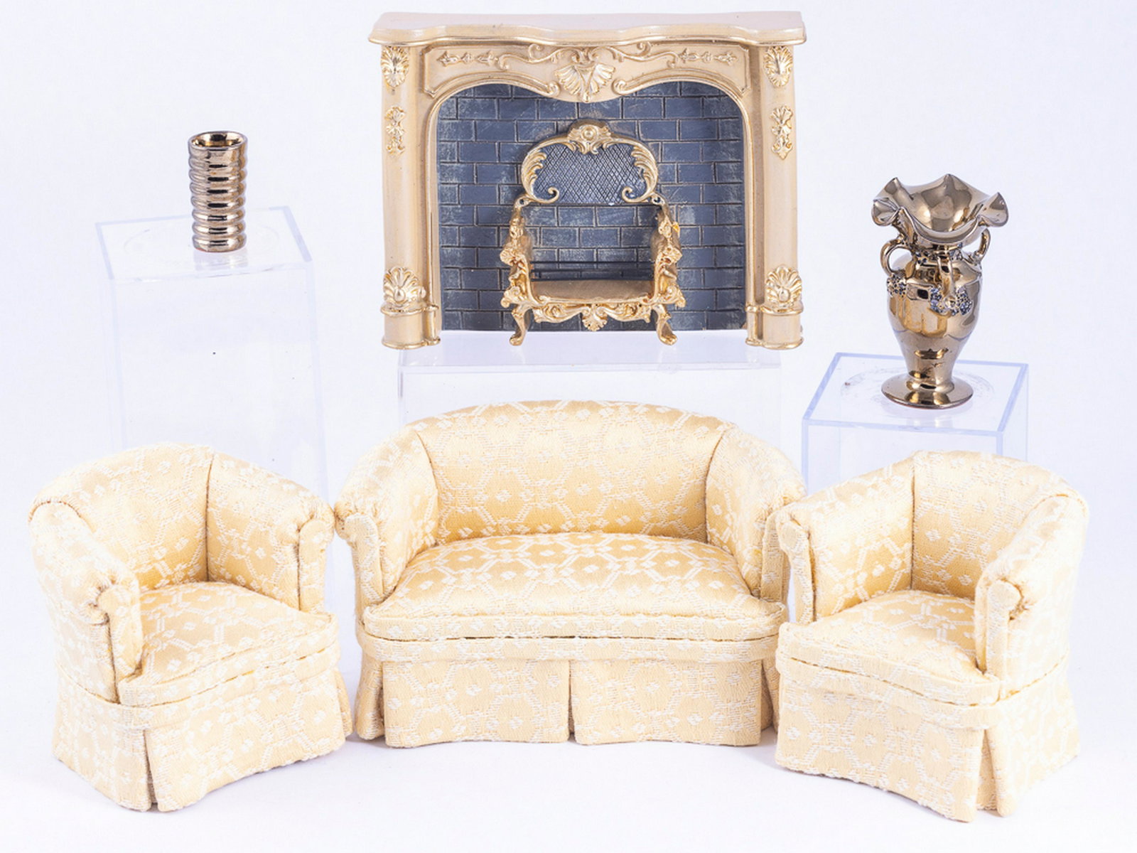 Beautiful Living Room Set with Gold Theme: Bespaq Sofa and two matching club chairs in this furniture set. Reutter Porcelain fireplace with an aged porcelain vase and ribbed vase. A decorative living room set.