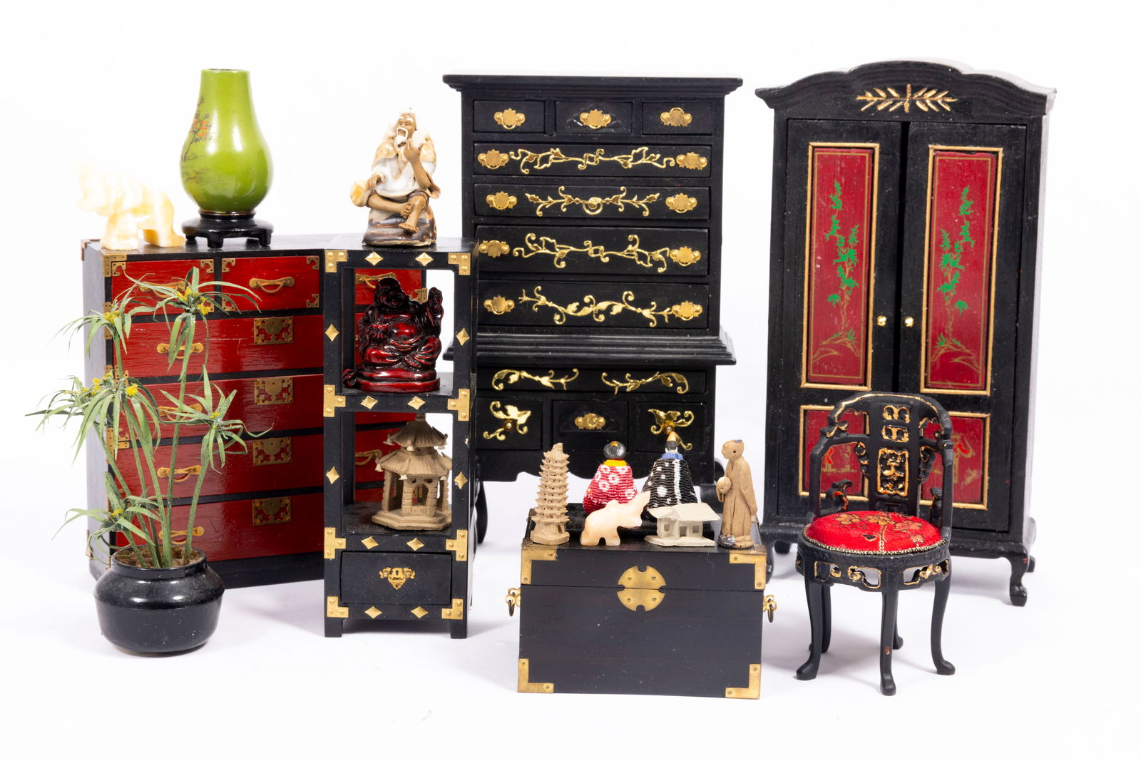 Red & Black Asian Furniture with Palm Plant & Accessories (1 of 10)