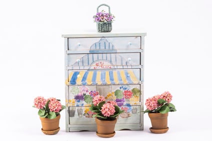 Hope Elliott Pansy Flowers with Hydrangeas & Painted Floral Chest of Drawers
