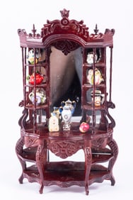 Lg Mahogany Mirrored Etagere with Valerie Casson Teapots & Ron Benson Porcelain