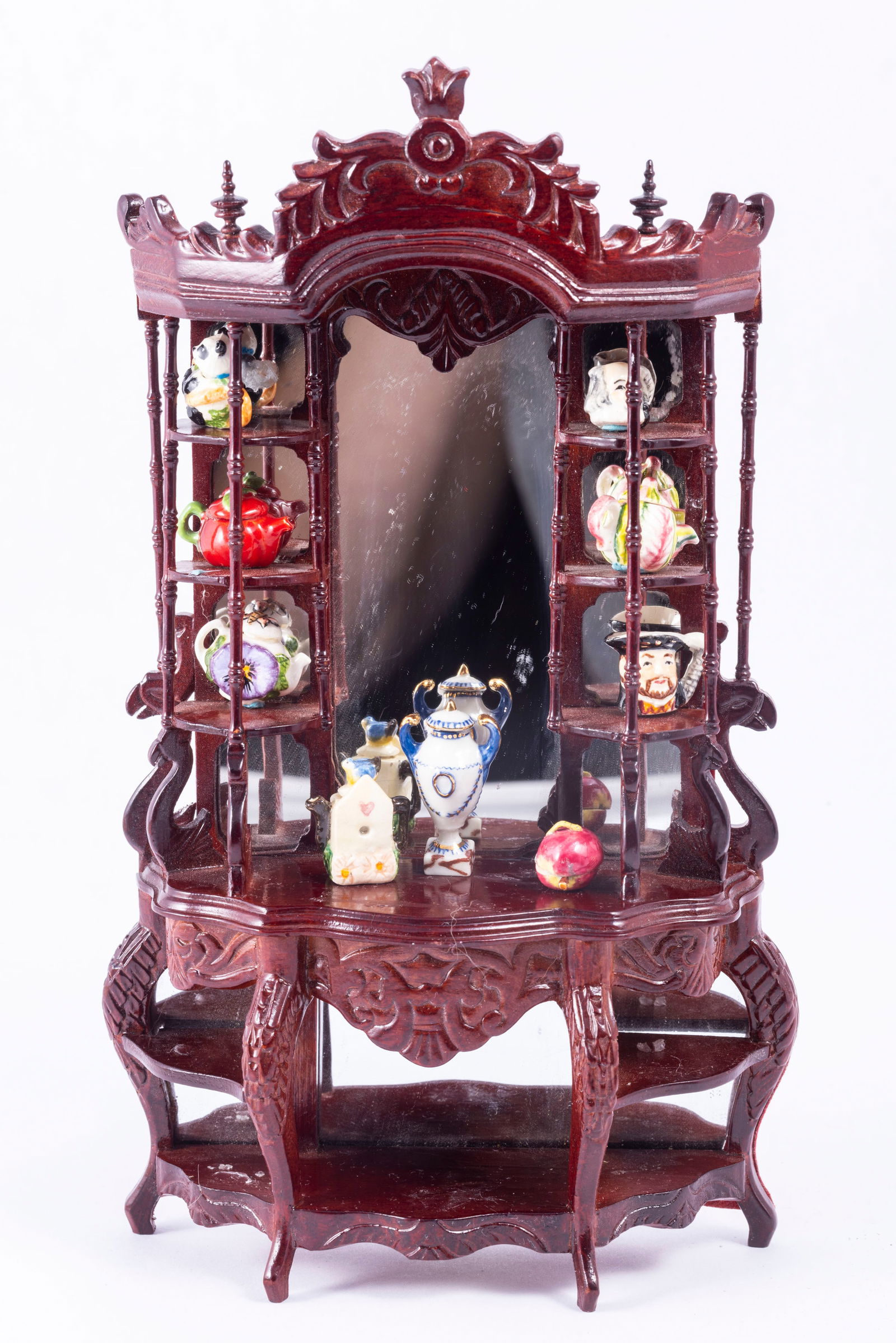 Lg Mahogany Mirrored Etagere with Valerie Casson Teapots & Ron Benson Porcelain (1 of 13)