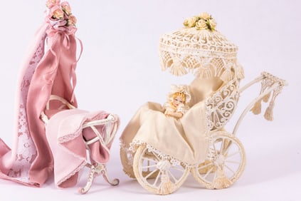 Child's Canopy Crib/Bassinette with Baby in Stroller