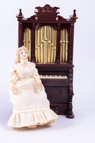 Mahogany Pipe Organ & Stool with Doll