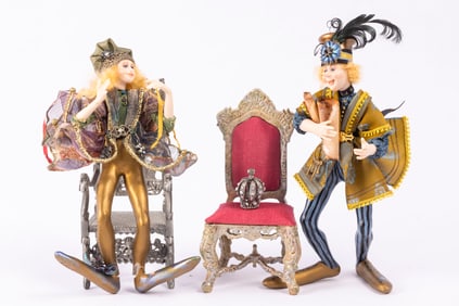 Two Handmade Jester Dolls with Throne Chairs