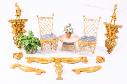 Gold painted Metal Table & Chairs with Accessories