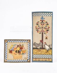 Signed CM Hand Painted Floor Cloth with Roosters & Basket of Fruit