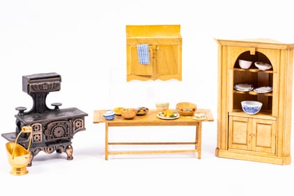 Wooden Kitchen Furniture with Foods & Porcelain in Half Scale - 1:24 or 1/2"