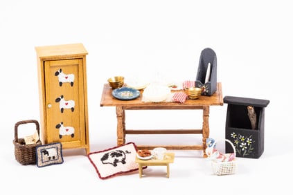 1/2" Scale Jane Graber Spongeware Pottery with Handmade & Painted Furniture For Kitchen