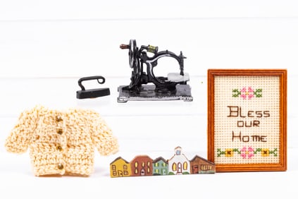 Half Scale 1/2" Sewing Assortment with Needlepoint Picture with Pricilla Hauser Painted Houses