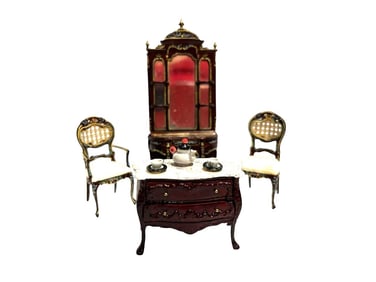 1/2" Half Scale Bespaq Painted Tall Mirrored Curio & Chairs with Sideboard & Sam Dunlap Tea Set