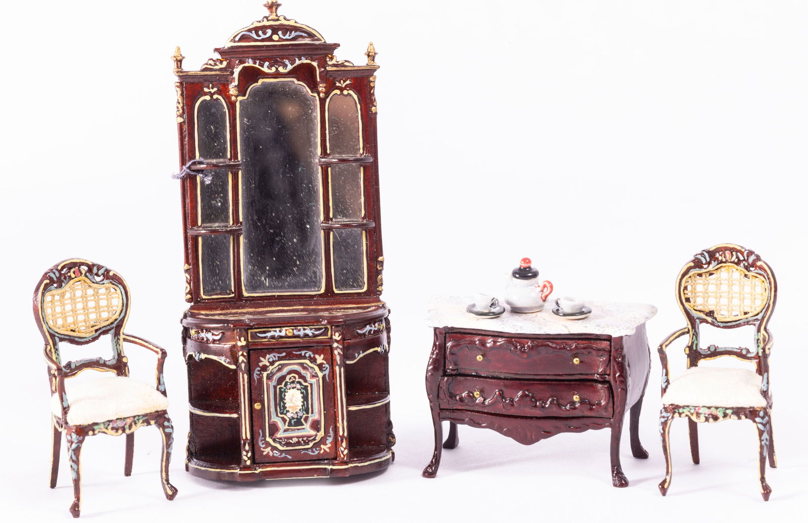 1/2" Half Scale Bespaq Painted Tall Mirrored Curio & Chairs with Sideboard & Sam Dunlap Tea Set (1 of 6)