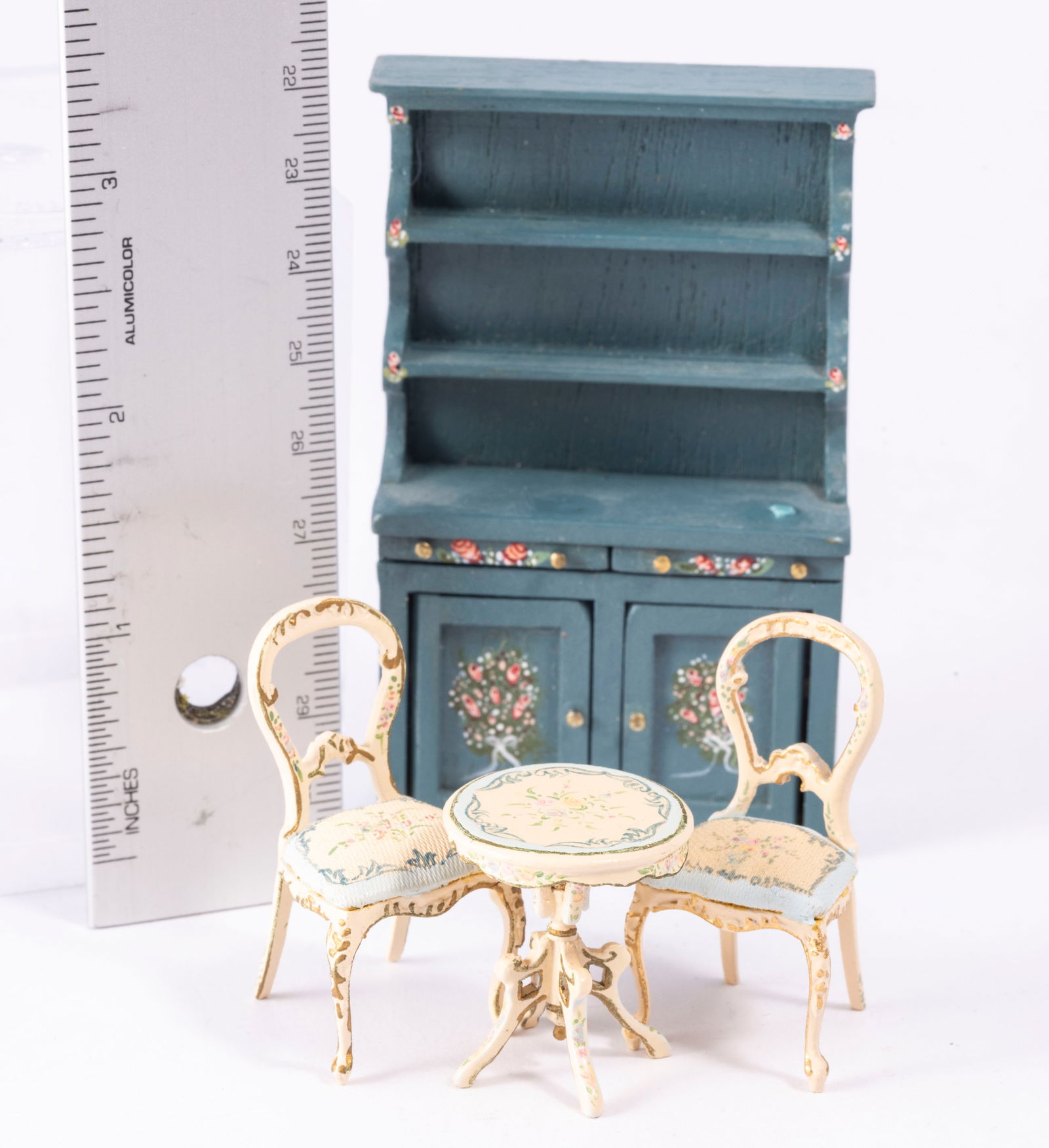 1:24 Half Inch Scale Hand Painted Blue Floral Hutch with Bespaq Bistro Set (1 of 6)