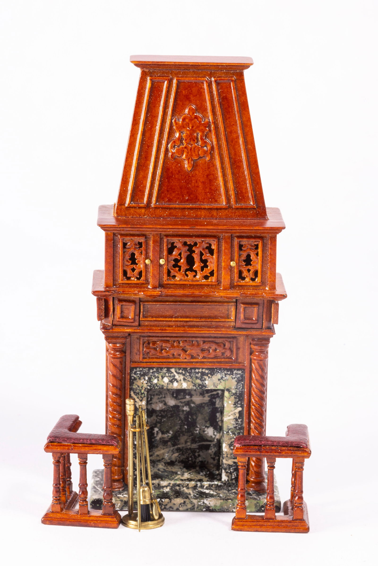 1:24 Scale Bespaq Fireplace with Brass Andirons - Half Scale: Half scale or 1:24 scale Bespaq wooden fireplace with upper cabinets that open up. The fireplace is tall and has a set of brass handmade andirons. There is a pair of leather top fireplace ends.