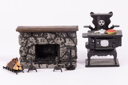 Half Scale Fireplace & Wood Burning Stove & Leather Wood Holder