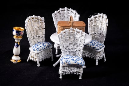 Leilane Warling Wicker Table & Chairs Set with Al Chandronnait Picnic Basket in Half Scale or 1:24