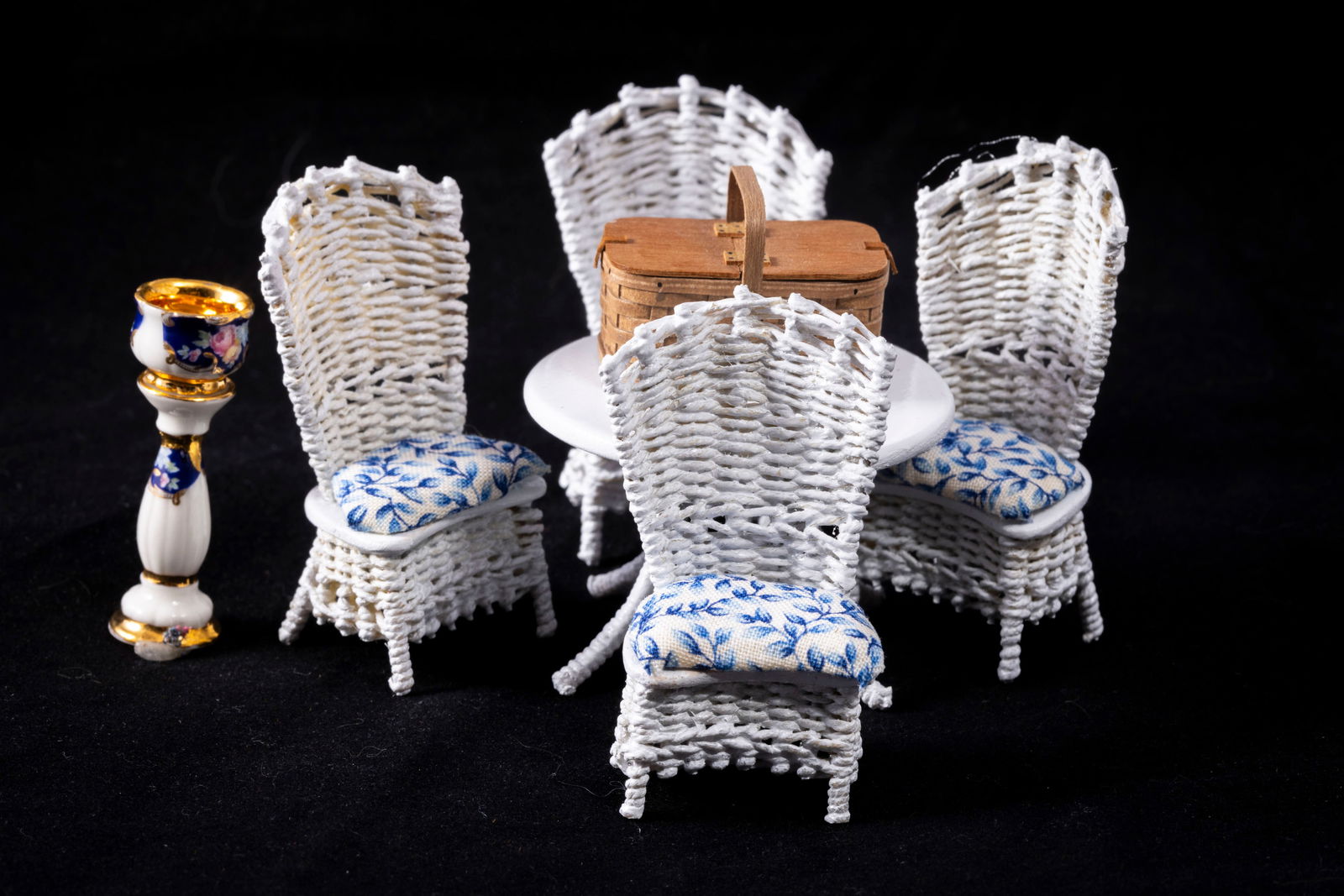 Leilane Warling Wicker Table & Chairs Set with Al Chandronnait Picnic Basket in Half Scale or 1:24 (1 of 9)