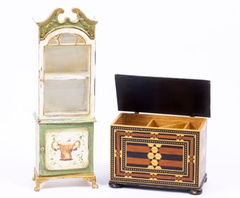 Hand Painted Glass Front Cabinet & Low Cabinet/Trunk with Inlay by Krinnie