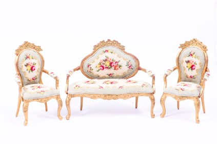 Petit Point Sofa & 2 Chairs with Gold Accents - 3 Pc Set