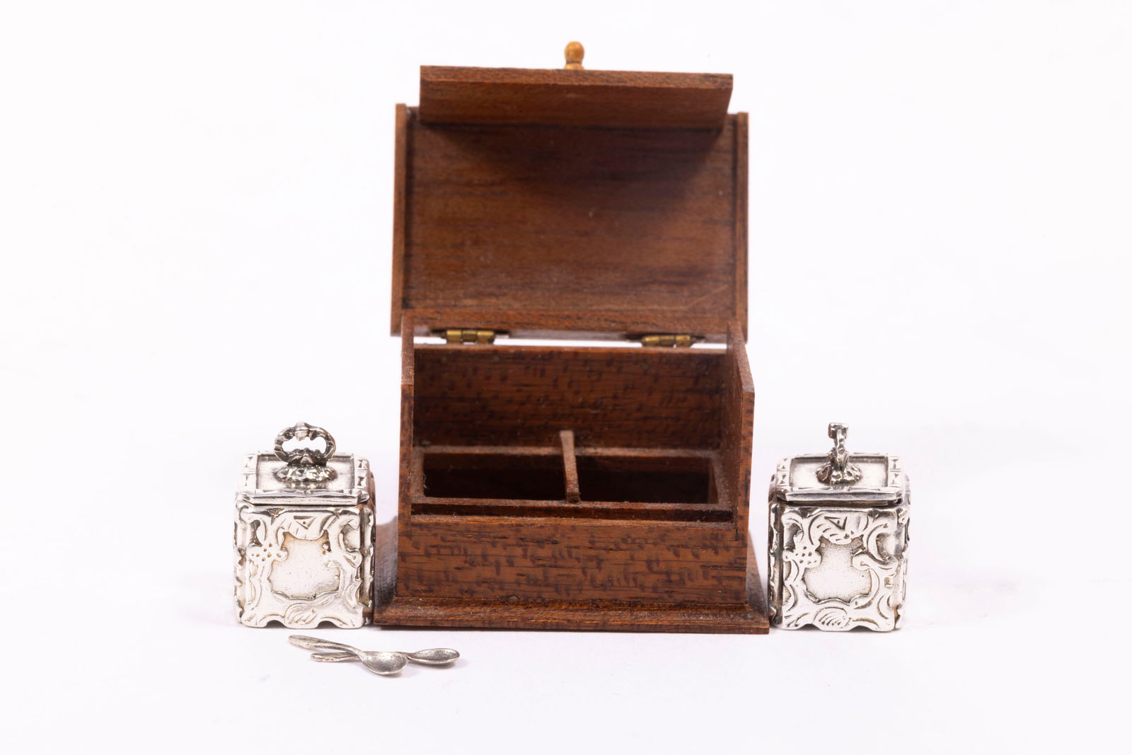 Taller Targioni Hardwood Tea Caddy with Silver Boxes & Spoons (1 of 7)