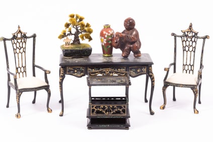 Black Painted Asian Bespaq Chairs & Table with Cloisonne Vase