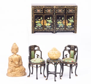Very Pretty & Colorful Asian Cabinet & Chairs with D?cor - Bespaq