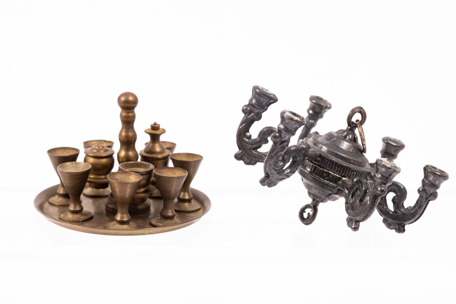 Vintage Antique Brass Tray & Goblets Set with Chandelier: Vintage cruet metal set with a soft metal chandelier. You an put candles on the chandelier, soft metal. The cruet set is aged brass metal.