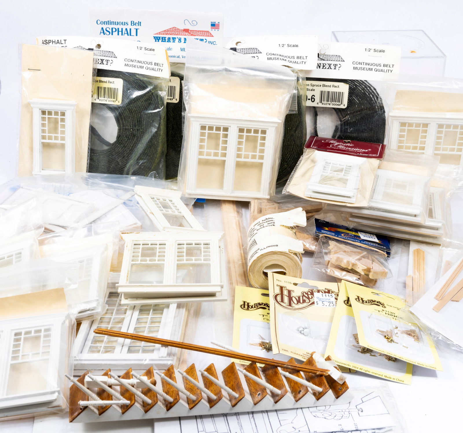 1/2" Scale Building Supplies Lot: Asphalt shingles, staircase, doors, windows, hinges and more in this half scale lot.
