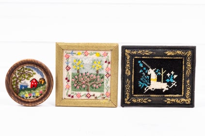 3 Needlepoint Pictures with Trees, Unicorn & Houses by Nancy Johnston