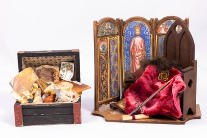 King Arthur Throne Chair Vignette for a Museum with Decorated Trunk