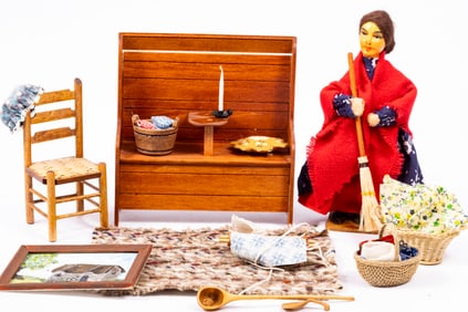 Vintage Irish Female Doll w/ Broom & Kitchen Furniture
