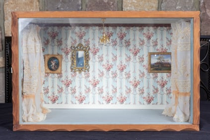Decorated Roombox with Blue Carpet, Lace Curtains & Wall Hangings, Non Working Chandelier