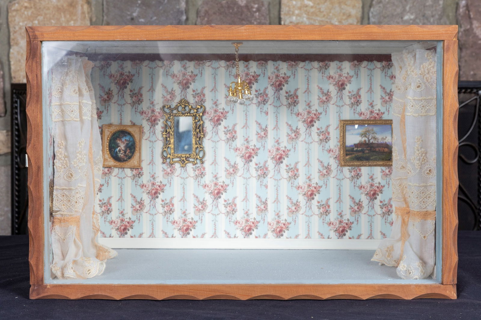 Decorated Roombox with Blue Carpet, Lace Curtains & Wall Hangings, Non Working Chandelier (1 of 6)