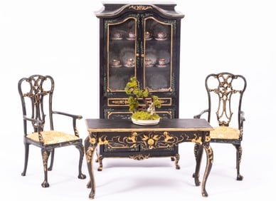 Asian Decorated Cabinet with 2 Chairs & Painted Chrysnbon Dinner Service
