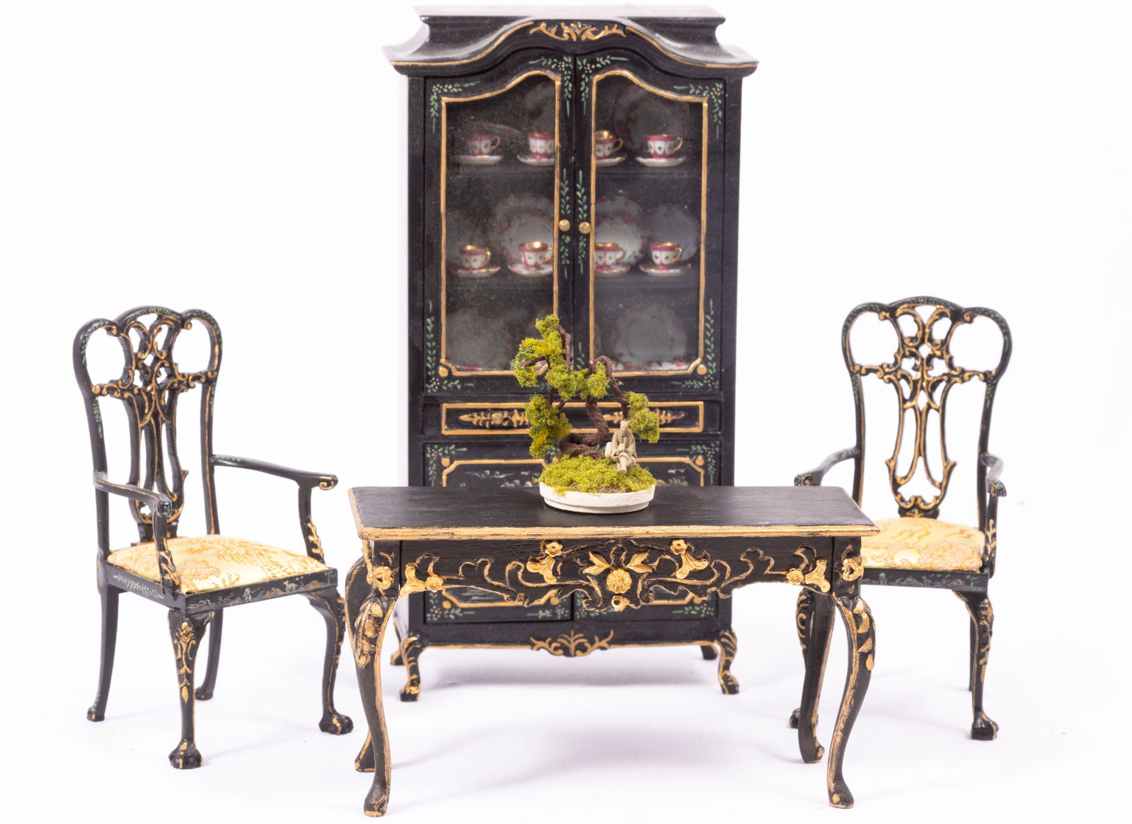 Asian Decorated Cabinet with 2 Chairs & Painted Chrysnbon Dinner Service (1 of 14)