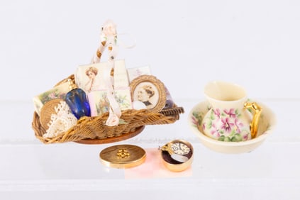 UK's Avon Miniatures Pitcher & Bowl Set with Uncle Ciggies Artisan Made Decorated Baske & Watch