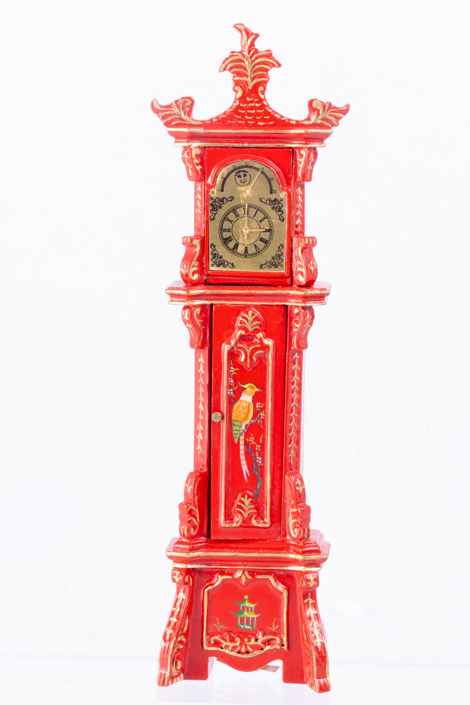 Red Asian Grandfather Clock by Bespaq: Red Asian Grandfather Clock by Bespaq. Door opens in the front.