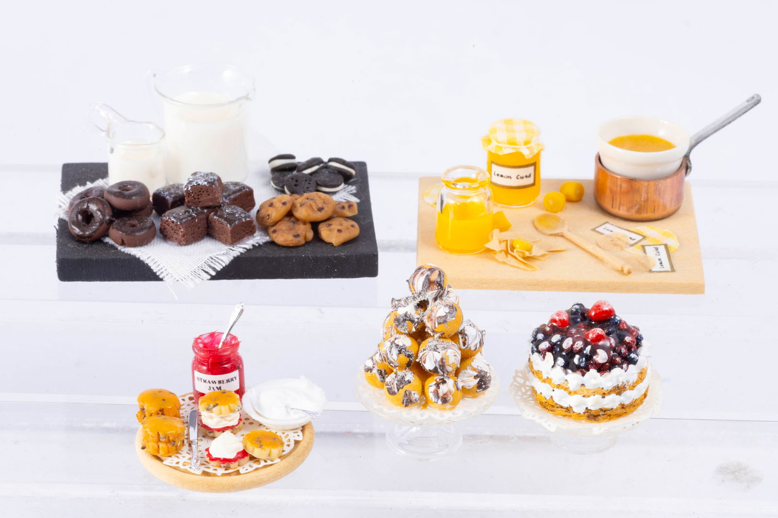 Artisan Made Cakes & Dessert Boards From England, English Kitchen: English Kitchen boards with Lemon Curd in the making, a strawberry scone board by Lesley Mansfield in England. There's a black board with pitchers of milk with doughnuts, brownies and cookies, a stack