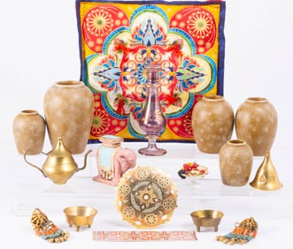 Moroccan Inspired Accessories Lot with Vases, Wall Hanging and Decorative Pieces