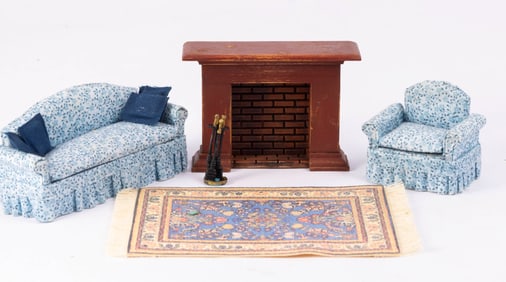 1/2" Half Scale CJ's Fireplace Living Room Furniture in blue and White Floral