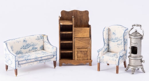 1:24 Half Inch Scale Living Room Furniture with Blue Toile Fabric & Furniture Piece