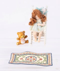 Handmade Porcelain Doll with Needlepoint Rug & Teddy Bear