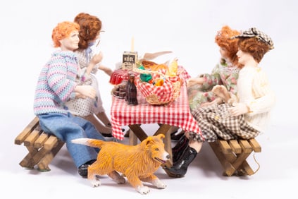 4 Porcelain Dolls (Four Friends) Sitting at Picnic Table & Benches Having Lunch