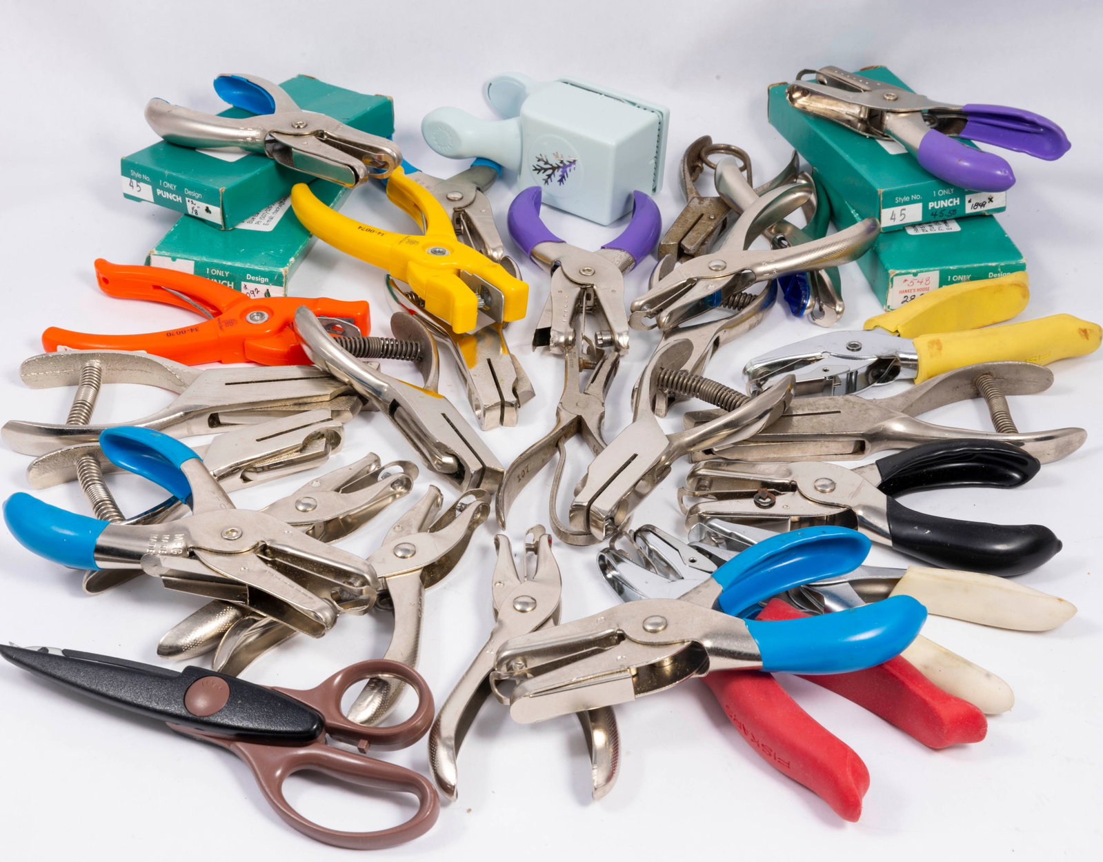 Big Assortment of Hand Held Punches, Hanky Panky: Big assortment of punches, some by Hanky Panky. One pair of scissors.