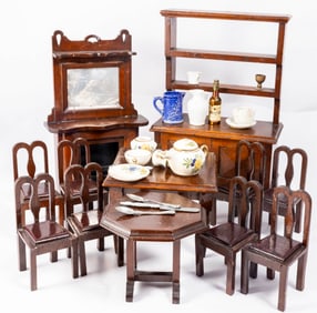 Doll Scale Antique Dining Room Furniture with Hutch & Fireplace with Metal Grate