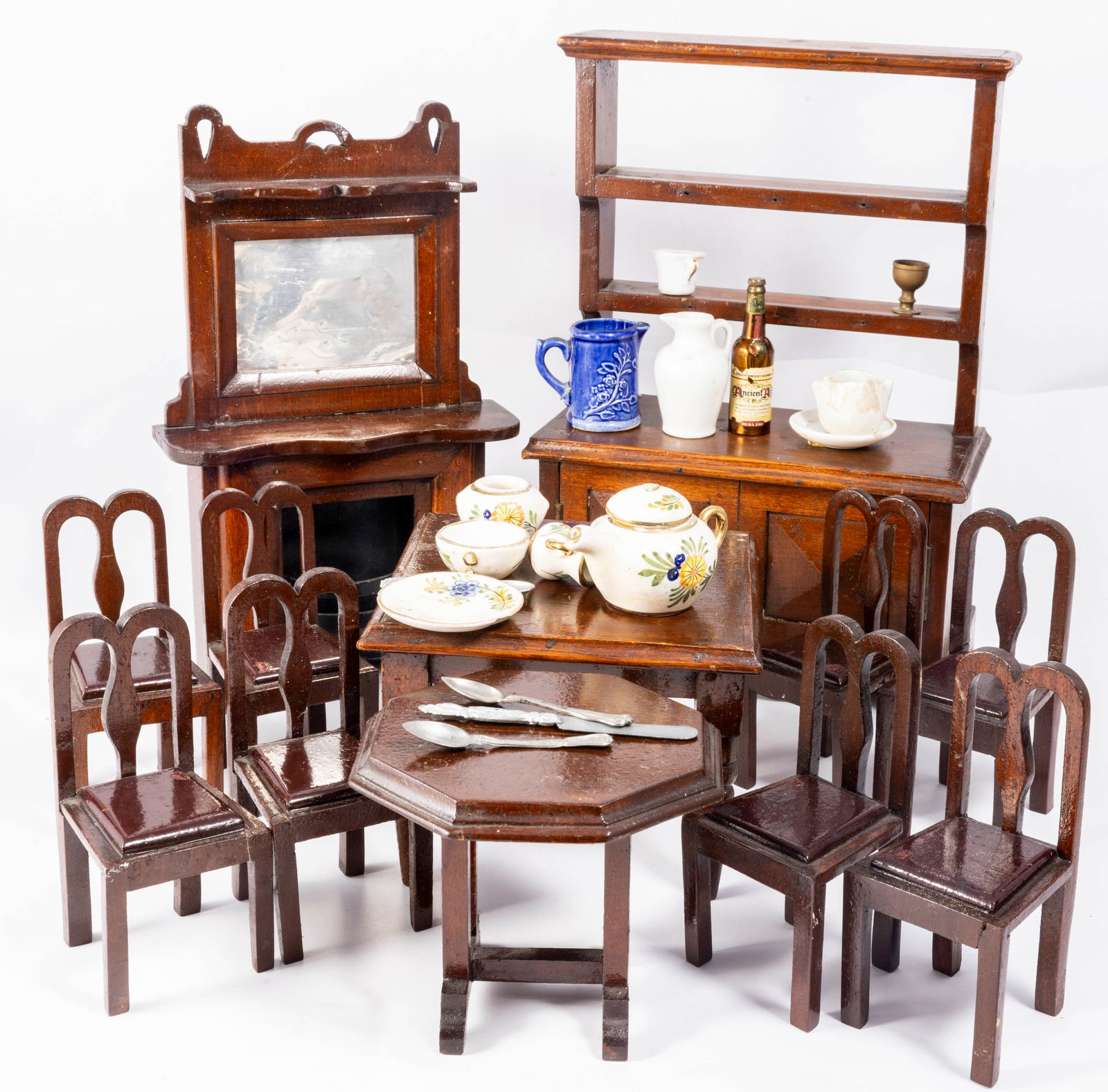 Doll Scale Antique Dining Room Furniture with Hutch & Fireplace with Metal Grate (1 of 13)