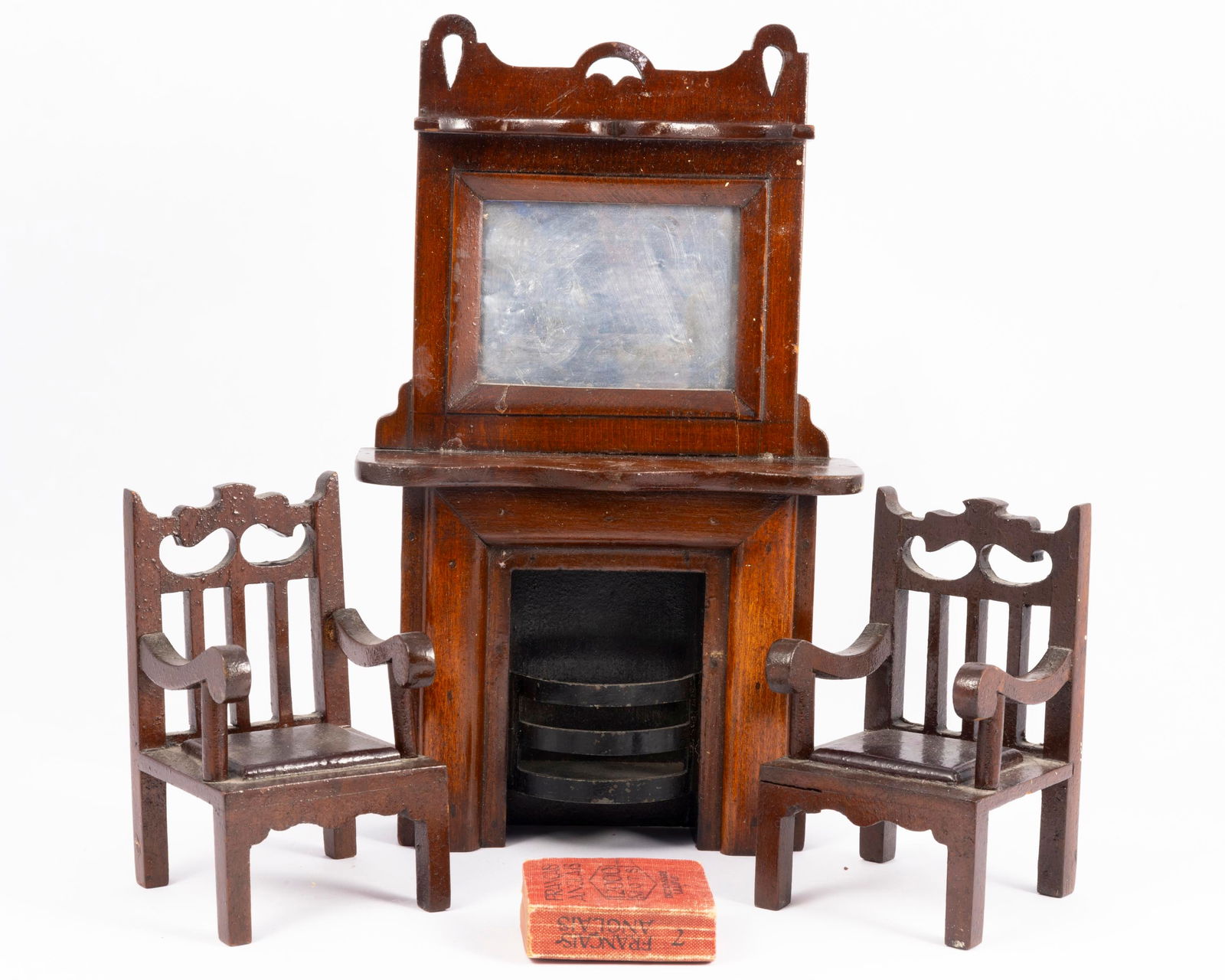 Doll Scale Antique Living Room Fireplace with 2 Chairs & Book (1 of 7)