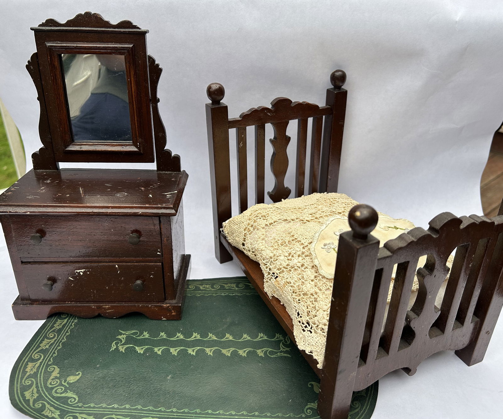 Doll Scale Antique Bed with Dresser & Painted Floor Cloth (1 of 10)