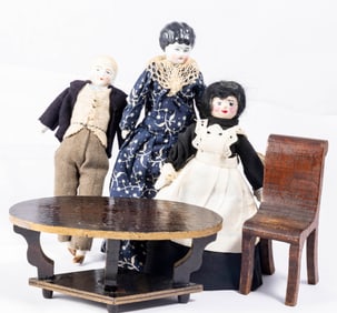 Two Antique Dolls in Doll Scale with Maid Doll